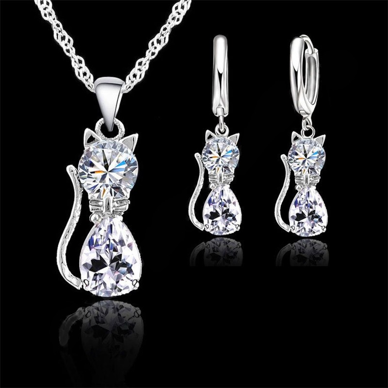 Conjunto de joyas de gato en plata de ley 925 con collar y pendientes de aro de cristal austriaco para mujeres y niñas.