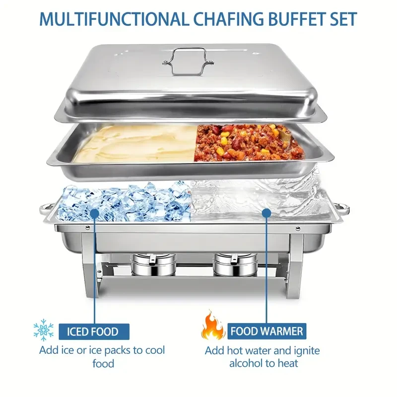 Juego de calentadores de buffet de acero inoxidable: 4 paquetes, 8 cuartos de galón, tamaño completo, duraderos, con tapas herméticas, bandejas profundas para alimentos, bandeja de agua y soportes para combustible. Ideal para restaurantes, catering, fiest