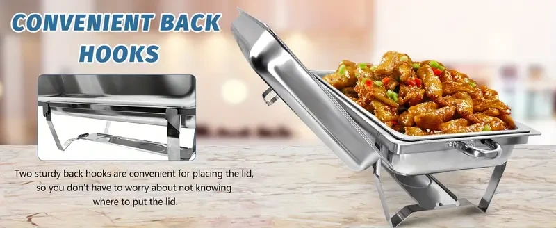 Juego de calentadores de buffet de acero inoxidable: 4 paquetes, 8 cuartos de galón, tamaño completo, duraderos, con tapas herméticas, bandejas profundas para alimentos, bandeja de agua y soportes para combustible. Ideal para restaurantes, catering, fiest