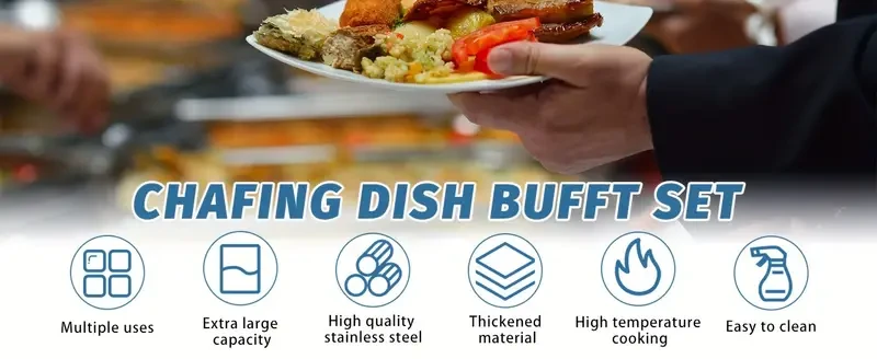 Juego de calentadores de buffet de acero inoxidable: 4 paquetes, 8 cuartos de galón, tamaño completo, duraderos, con tapas herméticas, bandejas profundas para alimentos, bandeja de agua y soportes para combustible. Ideal para restaurantes, catering, fiest