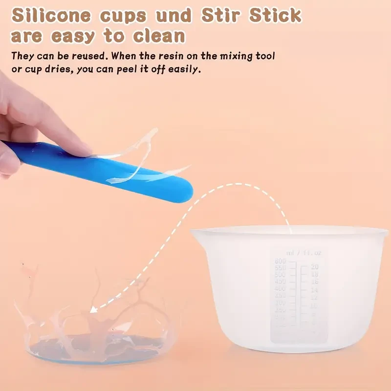 Kit para manualidades con resina: 10 tazas medidoras de silicona (600 ml y 100 ml), vaso mezclador de resina y varillas de silicona para mezclar. Ideal para proyectos pequeños y grandes.