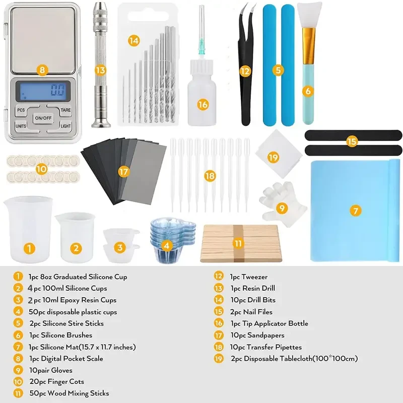 Kit de inicio para fundición de resina de 179 piezas, completo juego de herramientas epoxi con láminas de silicona