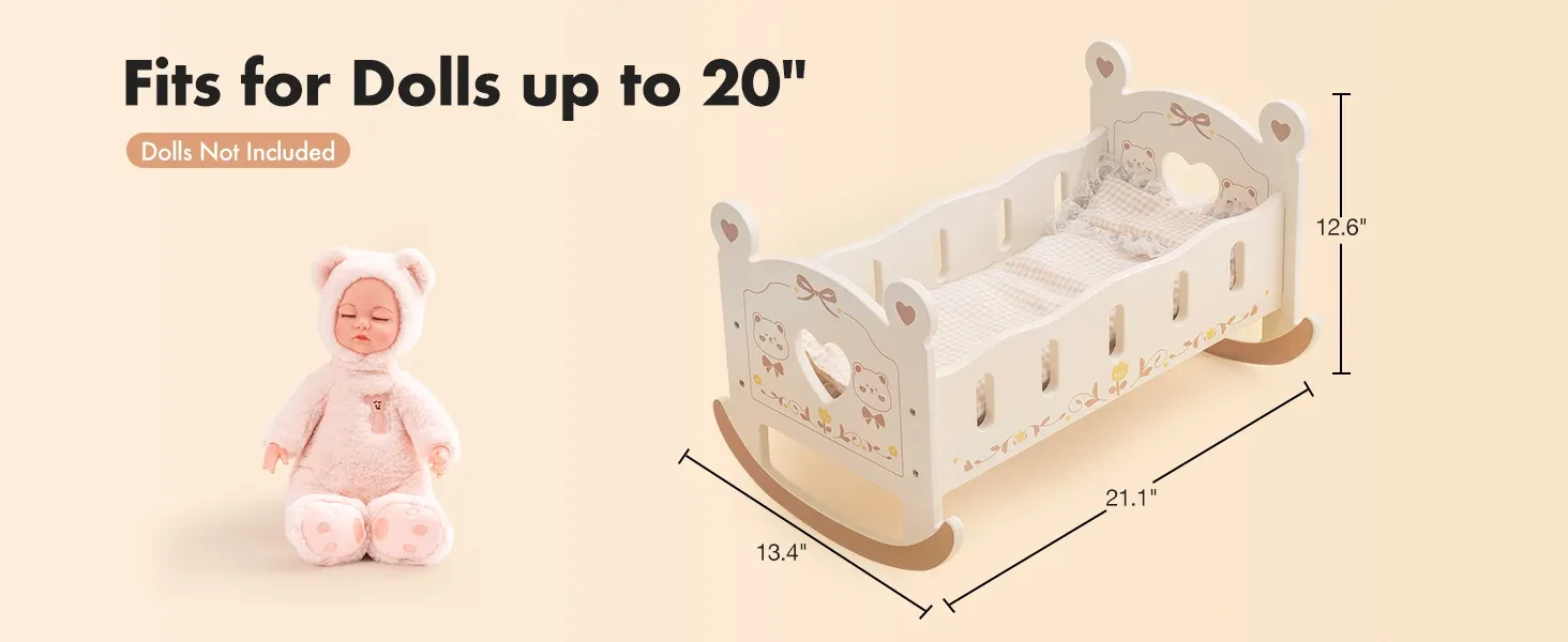 Cuna de madera para muñecas con ropa de cama