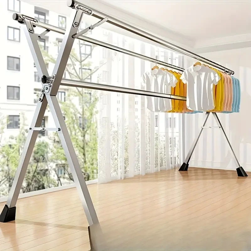 Perchero metálico ajustable para ropa y trajes, perchero plegable independiente con 3 rieles extensibles, multiusos para secar y colgar prendas.