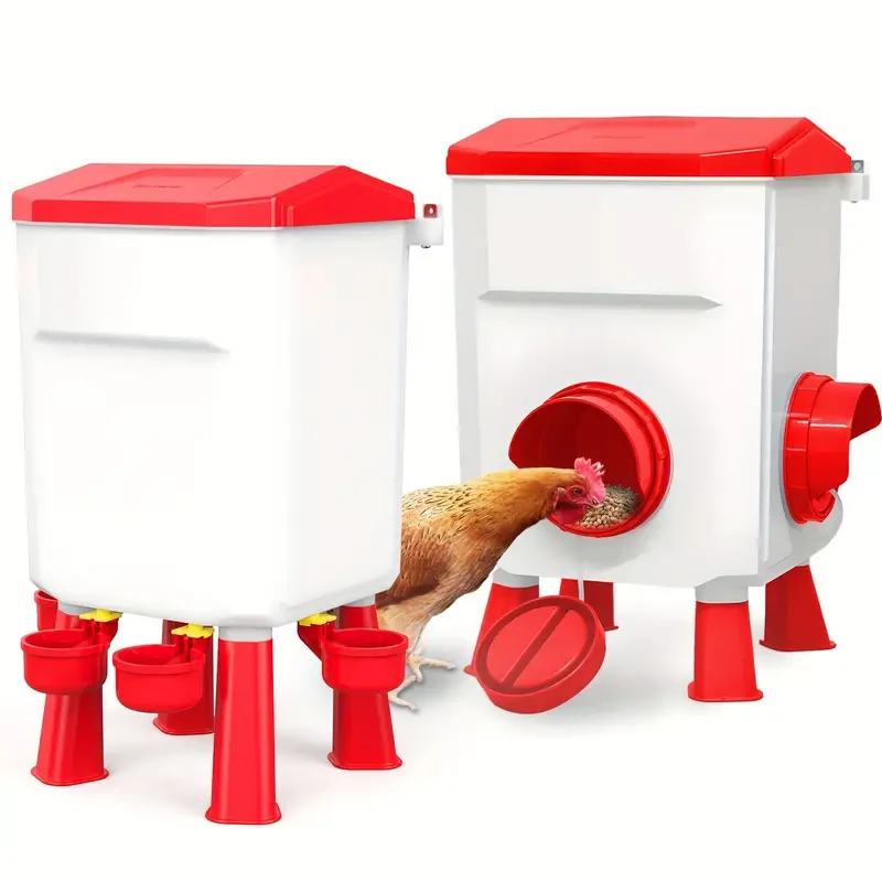 Comedero y bebedero para pollos alimentados por gravedad: capacidad de 8 kg, diseño antidesperdicio con patas para gallinero, vasos y puertos de llenado automático, color rojo.