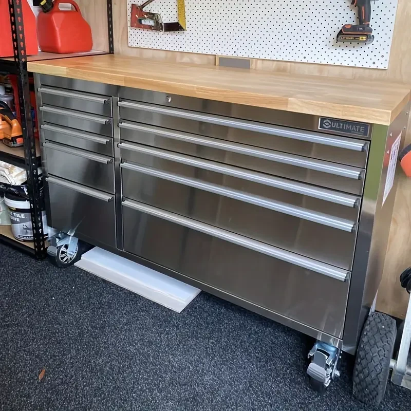 Banco de trabajo de acero inoxidable de 139,7 cm con 10 cajones, caja de herramientas, armario para herramientas