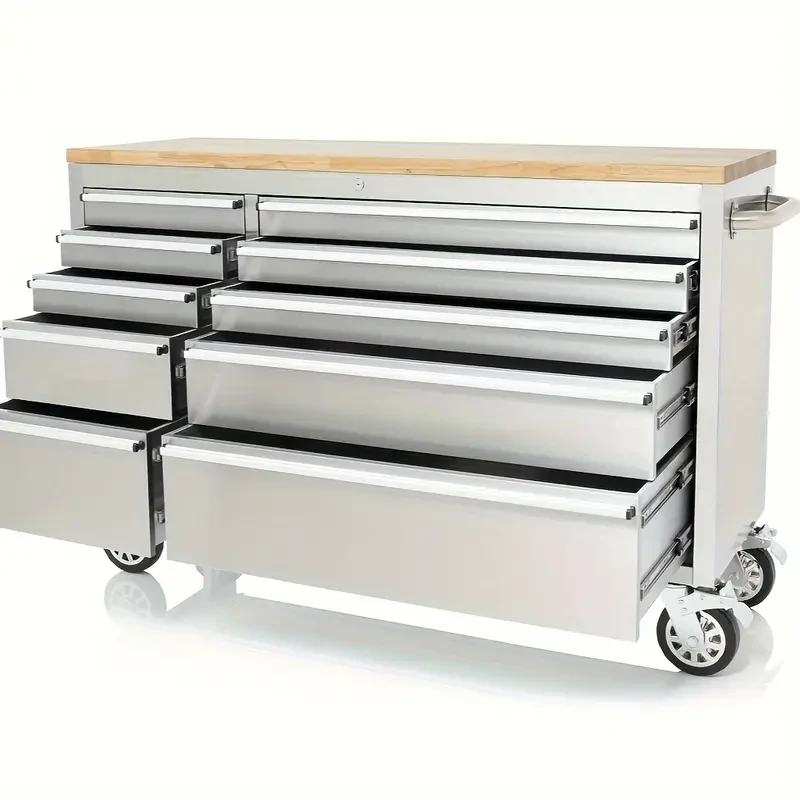 Banco de trabajo de acero inoxidable de 139,7 cm con 10 cajones, caja de herramientas, armario para herramientas