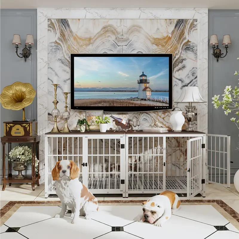Jaula para perros Wisfor de alta resistencia, estilo mueble, de hierro, con cubierta de madera resistente, bandeja extraíble y 3 puertas con cerradura, para perros medianos.