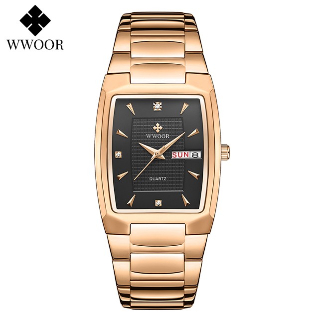 Reloj de pulsera WWOOR 2024 para hombre, de lujo, de acero inoxidable dorado y cuarzo.