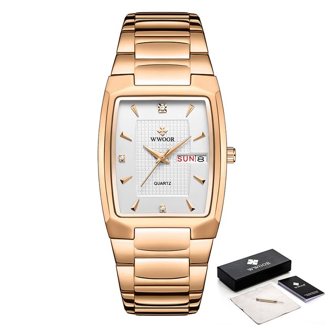 Reloj de pulsera WWOOR 2024 para hombre, de lujo, de acero inoxidable dorado y cuarzo.