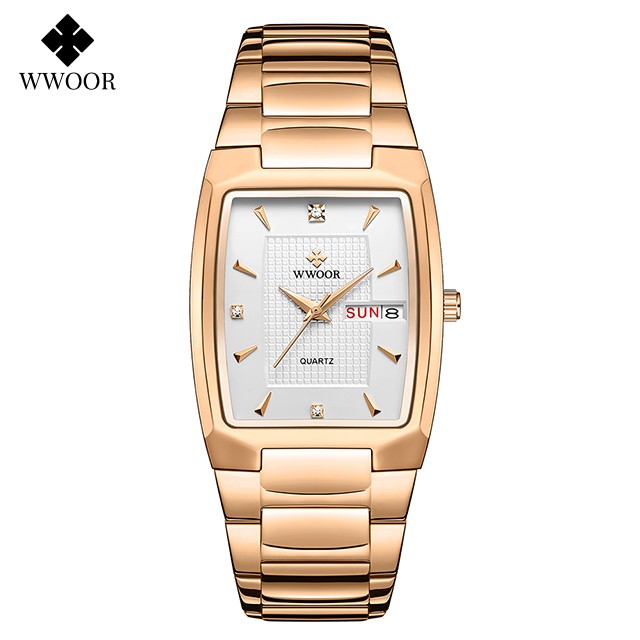 Reloj de pulsera WWOOR 2024 para hombre, de lujo, de acero inoxidable dorado y cuarzo.