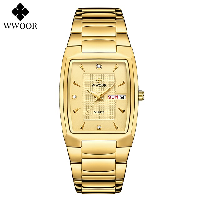 Reloj de pulsera WWOOR 2024 para hombre, de lujo, de acero inoxidable dorado y cuarzo.