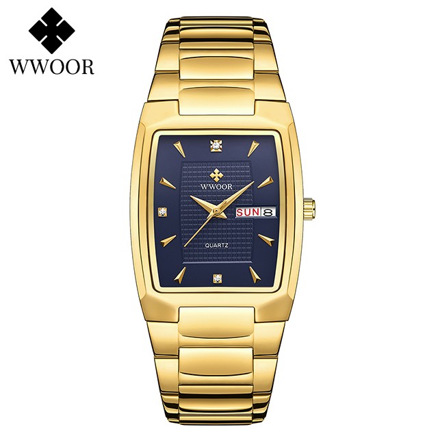 Reloj de pulsera WWOOR 2024 para hombre, de lujo, de acero inoxidable dorado y cuarzo.
