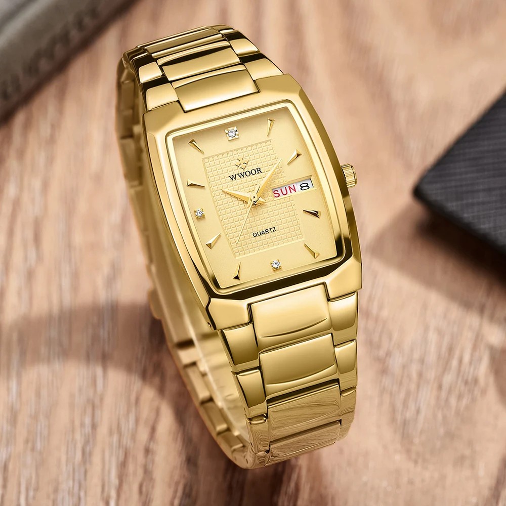 Reloj de pulsera WWOOR 2024 para hombre, de lujo, de acero inoxidable dorado y cuarzo.