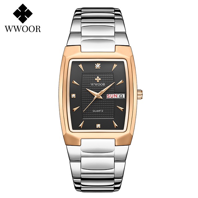 Reloj de pulsera WWOOR 2024 para hombre, de lujo, de acero inoxidable dorado y cuarzo.