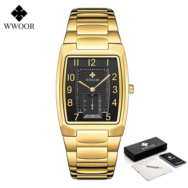 Reloj de pulsera WWOOR 2024 para hombre, de lujo, de acero inoxidable dorado y cuarzo.