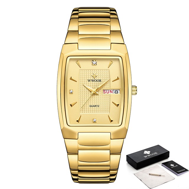 Reloj de pulsera WWOOR 2024 para hombre, de lujo, de acero inoxidable dorado y cuarzo.