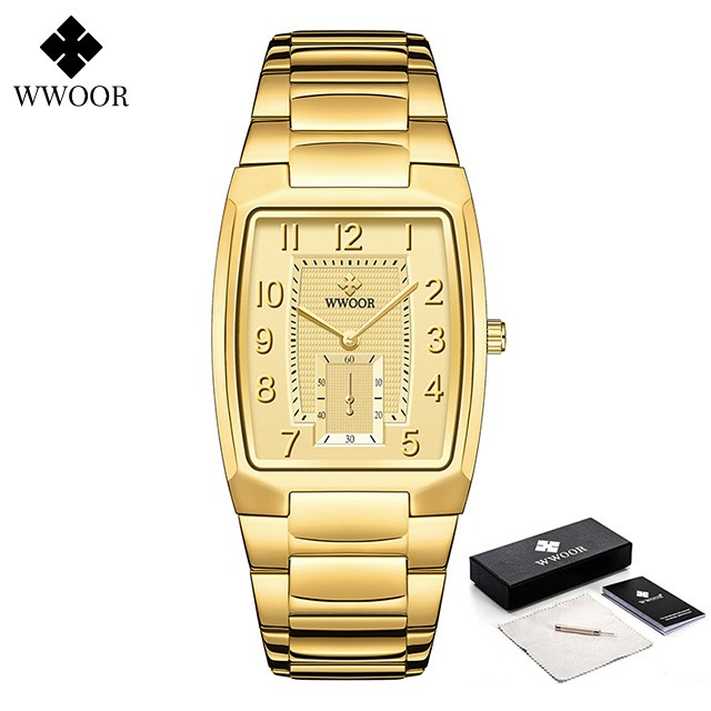 Reloj de pulsera WWOOR 2024 para hombre, de lujo, de acero inoxidable dorado y cuarzo.