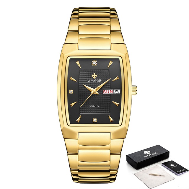 Reloj de pulsera WWOOR 2024 para hombre, de lujo, de acero inoxidable dorado y cuarzo.