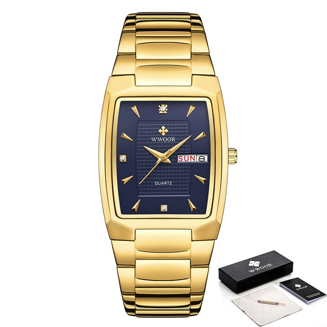 Reloj de pulsera WWOOR 2024 para hombre, de lujo, de acero inoxidable dorado y cuarzo.
