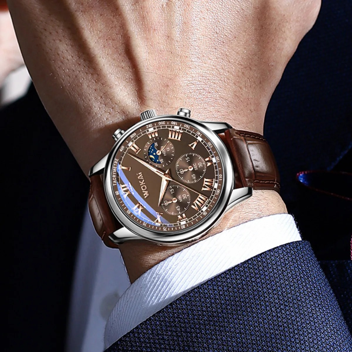 Reloj de negocios para hombre con esfera de números romanos falsos de tres ojos y correa de cuero.