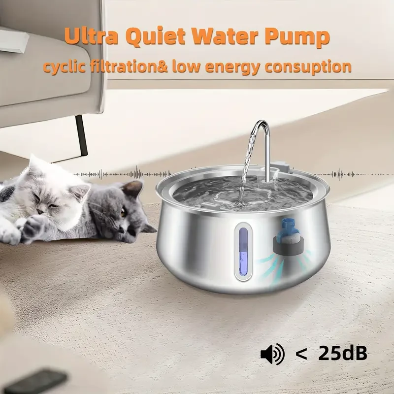 Bebedero automático para gatos de 4 l, de acero inoxidable, con bomba ultrasilenciosa y enchufe USB de 5 V y 1 A.