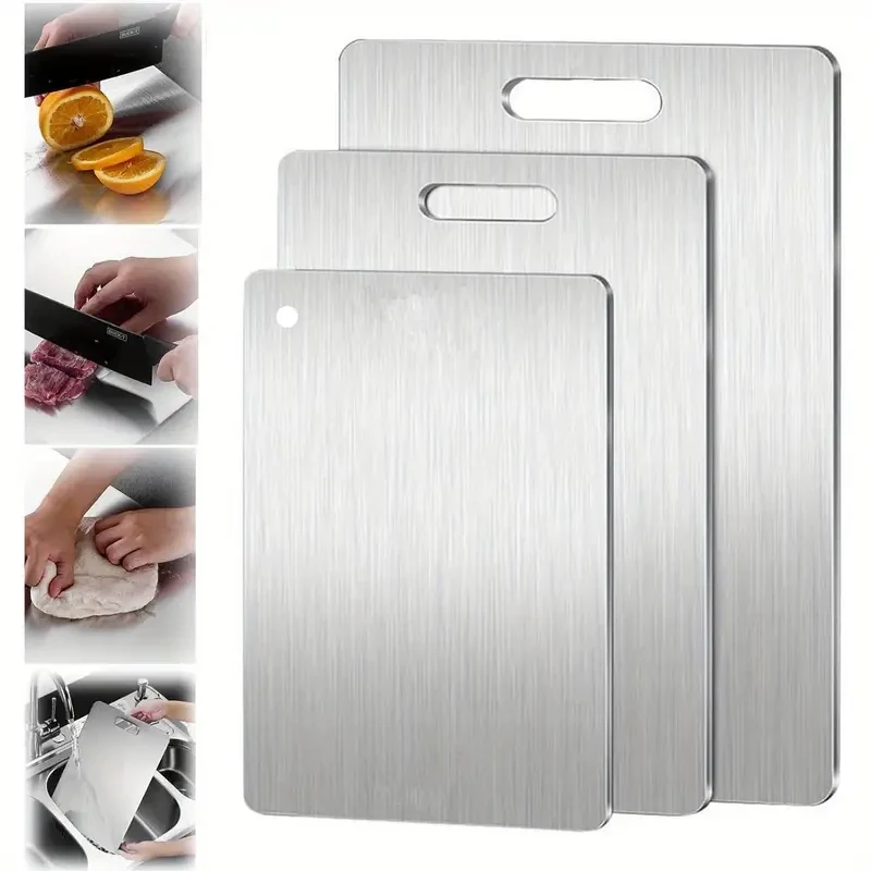 Tablas de cortar de acero inoxidable premium (2 unidades), de doble cara, aptas para uso alimentario, para carne y verduras, herramienta duradera para la preparación de la cocina.