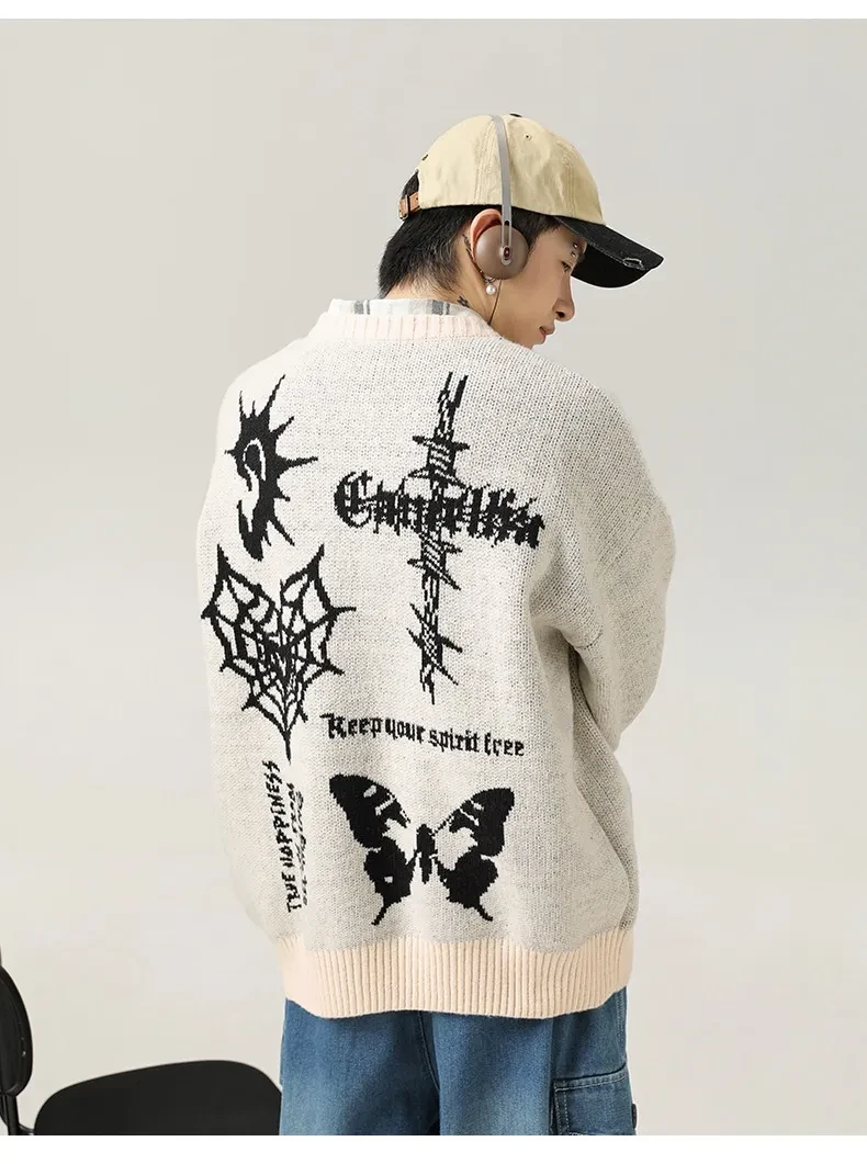 Suéter de cuello redondo jacquard retro americano pintado a mano