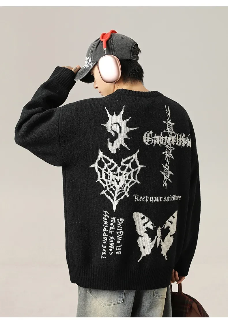 Suéter de cuello redondo jacquard retro americano pintado a mano