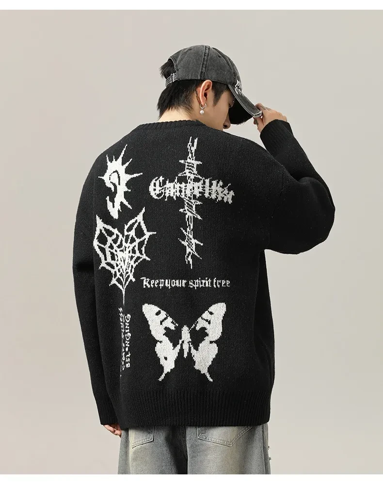 Suéter de cuello redondo jacquard retro americano pintado a mano