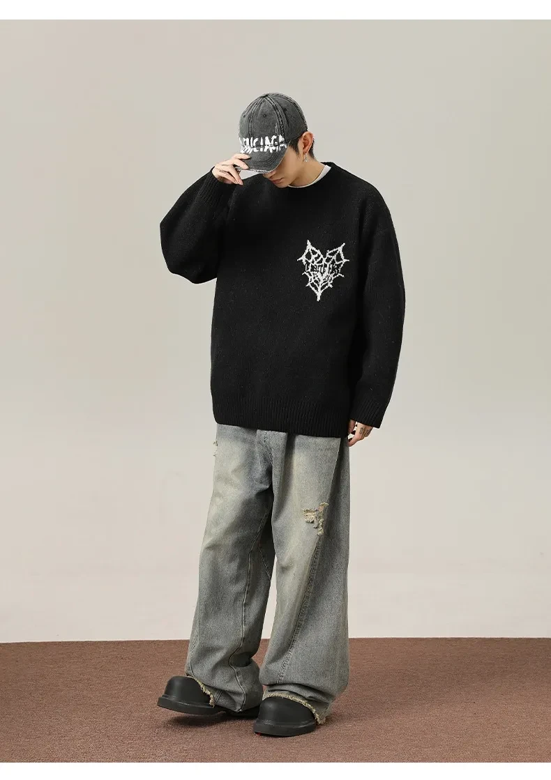 Suéter de cuello redondo jacquard retro americano pintado a mano