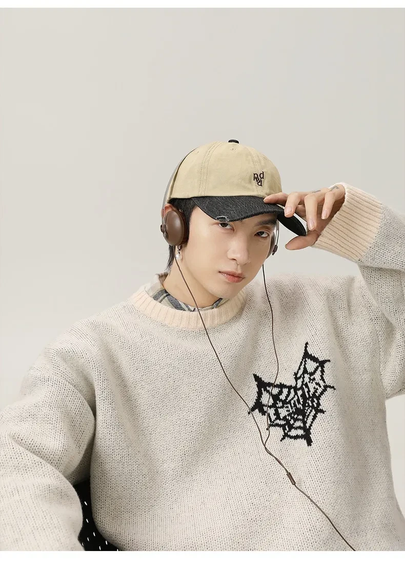 Suéter de cuello redondo jacquard retro americano pintado a mano