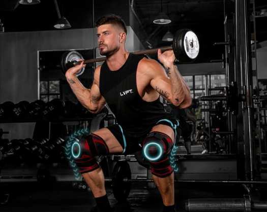 Rodilleras deportivas de punto con cinturón de compresión para bádminton, running y fitness.