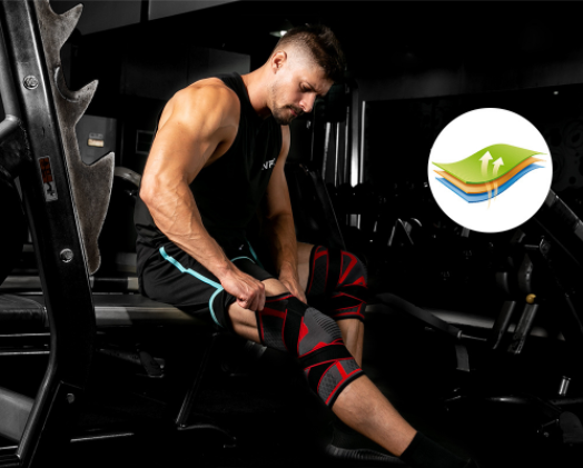 Rodilleras deportivas de punto con cinturón de compresión para bádminton, running y fitness.