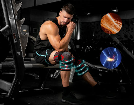 Rodilleras deportivas de punto con cinturón de compresión para bádminton, running y fitness.