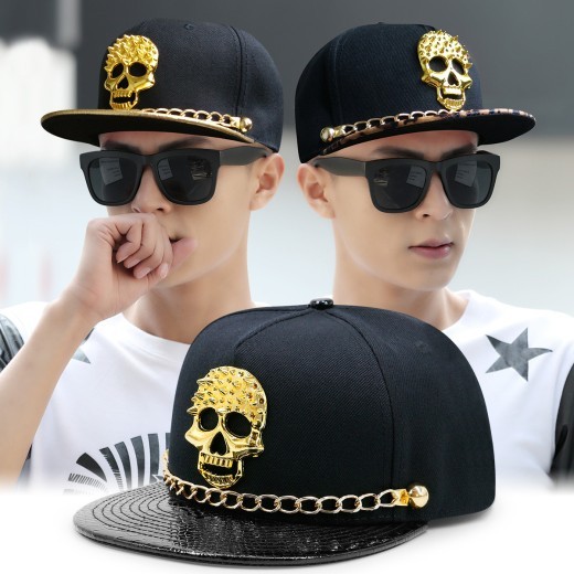 Gorra de béisbol de hip hop con remaches de calavera Gorra de hip hop con visera plana