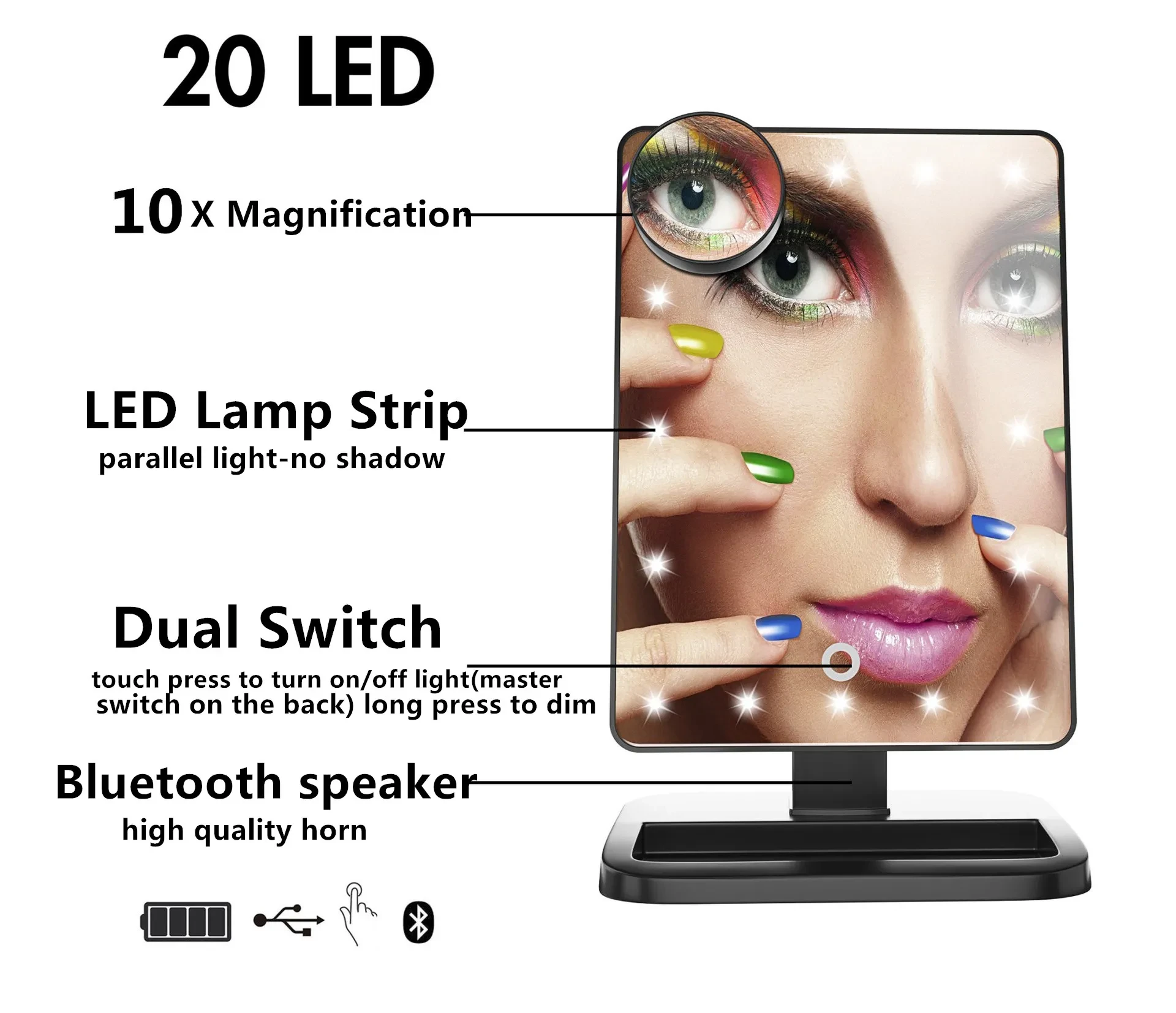 Espejo de maquillaje con pantalla táctil y 20 luces LED