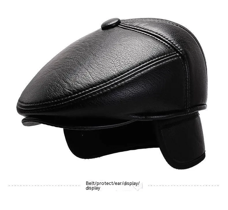 Gorro de cuero para abuelo para hombre, otoño e invierno, forro polar, cálido, informal, de PU, con protección para las orejas y visera.