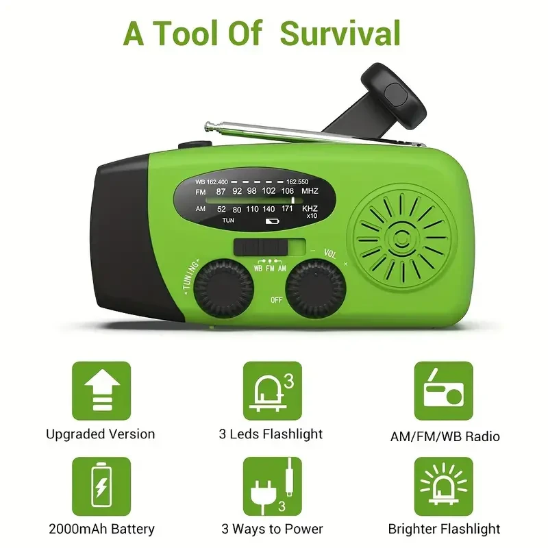 Radio de emergencia con manivela y cargador de teléfono de 2000 mAh, radio meteorológica portátil AM/FM/NOAA con linterna de 3 LED.