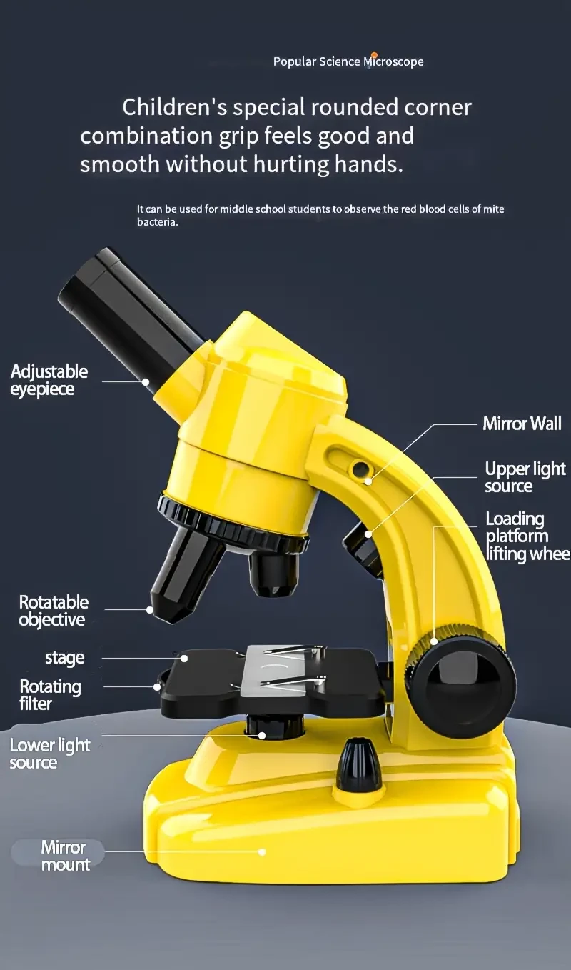 Microscopio HD 1600X: instrumento científico de alta potencia para Navidad, juguete educativo y estudio biológico. Lupa de objetos con 2 pilas AA.