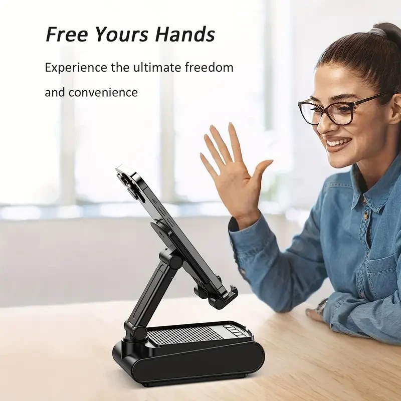 Soporte para teléfono móvil con altavoz inalámbrico y base antideslizante, apto para interiores, exteriores y escritorios.