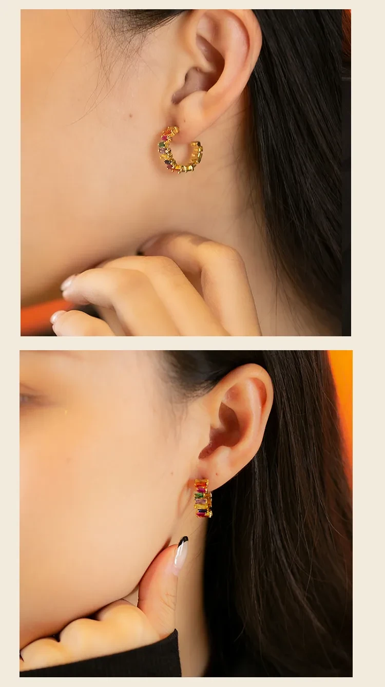 Pendientes arcoíris en forma de C de oro auténtico de 18 quilates con circonitas de colores