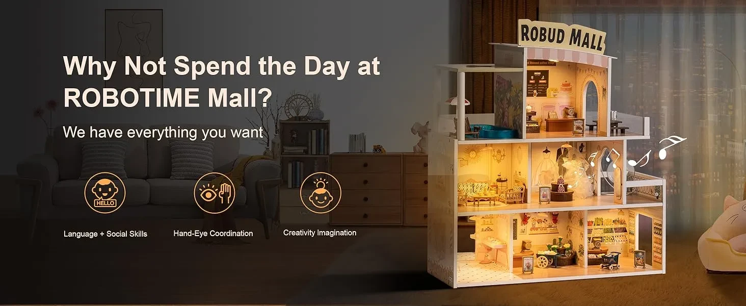 Centro comercial de casas de muñecas de madera con luces y música