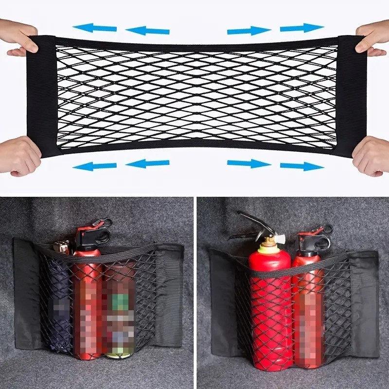 Bolsa de almacenamiento universal de malla doble para coche, red de almacenamiento para maletero y soporte fijo para extintor.