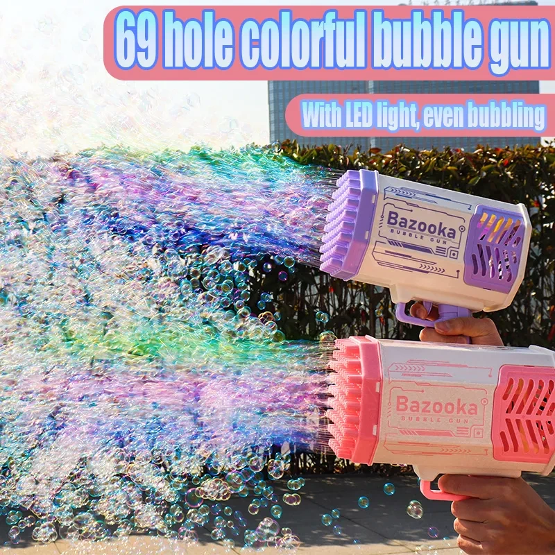 Pistola de burbujas automática con 69 agujeros, forma de cohete, soplador de burbujas con luz, juguetes para niños.