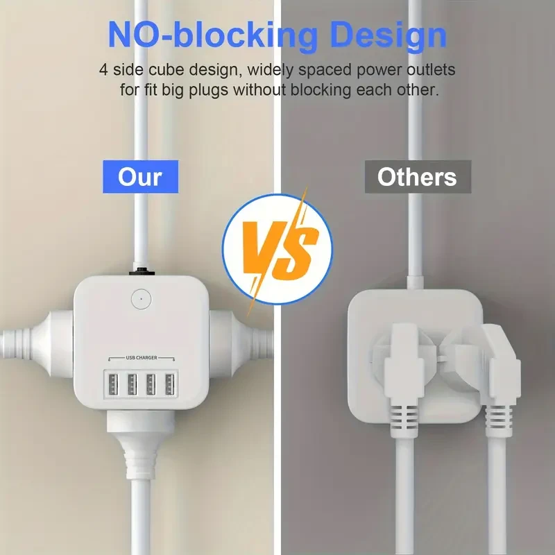 Regleta de enchufes Cube, 3 tomas de CA y 4 estaciones de carga USB con protección contra sobretensiones, 10 A/2400 W, cable de extensión de 1,8 m, para uso en oficina y hogar, enchufe australiano, interruptor, ranuras USB, voltaje de 220 V-240 V, sin bat