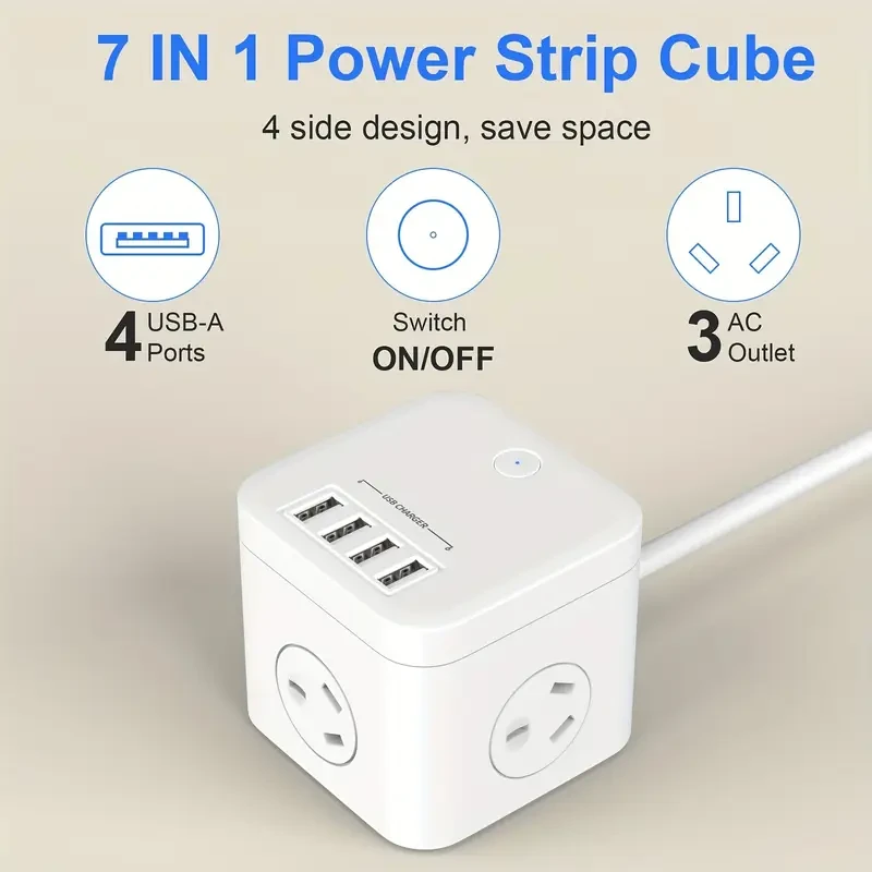 Regleta de enchufes Cube, 3 tomas de CA y 4 estaciones de carga USB con protección contra sobretensiones, 10 A/2400 W, cable de extensión de 1,8 m, para uso en oficina y hogar, enchufe australiano, interruptor, ranuras USB, voltaje de 220 V-240 V, sin bat