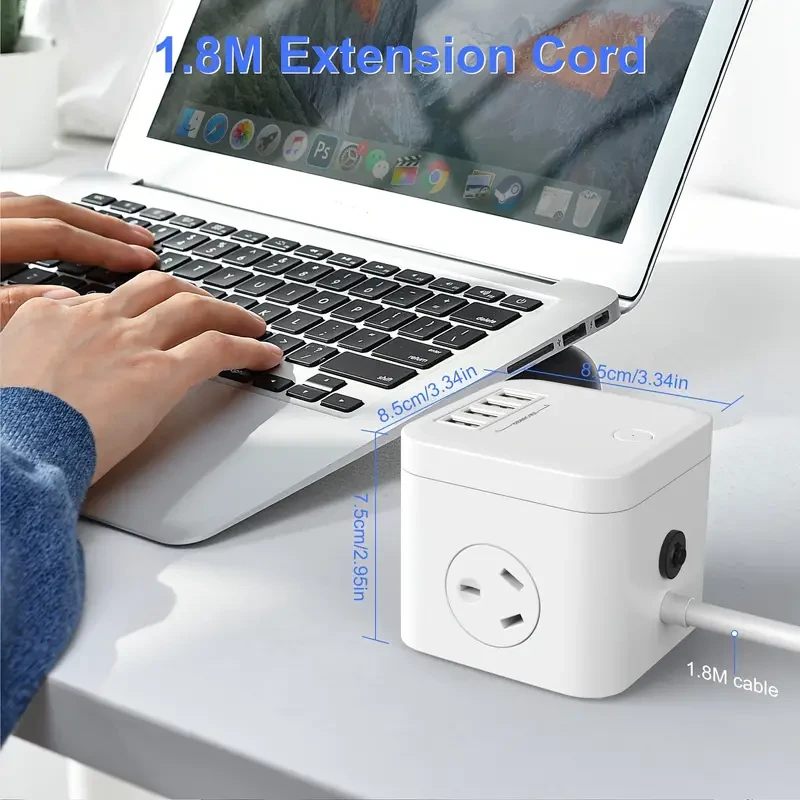 Regleta de enchufes Cube, 3 tomas de CA y 4 estaciones de carga USB con protección contra sobretensiones, 10 A/2400 W, cable de extensión de 1,8 m, para uso en oficina y hogar, enchufe australiano, interruptor, ranuras USB, voltaje de 220 V-240 V, sin bat