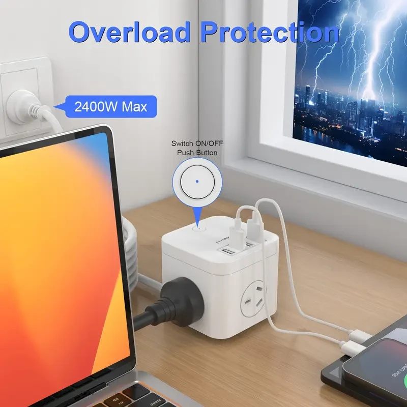 Regleta de enchufes Cube, 3 tomas de CA y 4 estaciones de carga USB con protección contra sobretensiones, 10 A/2400 W, cable de extensión de 1,8 m, para uso en oficina y hogar, enchufe australiano, interruptor, ranuras USB, voltaje de 220 V-240 V, sin bat