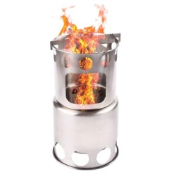 Estufa de camping portátil combinada de acero inoxidable y olla de leña para mochilerismo, pesca y senderismo.